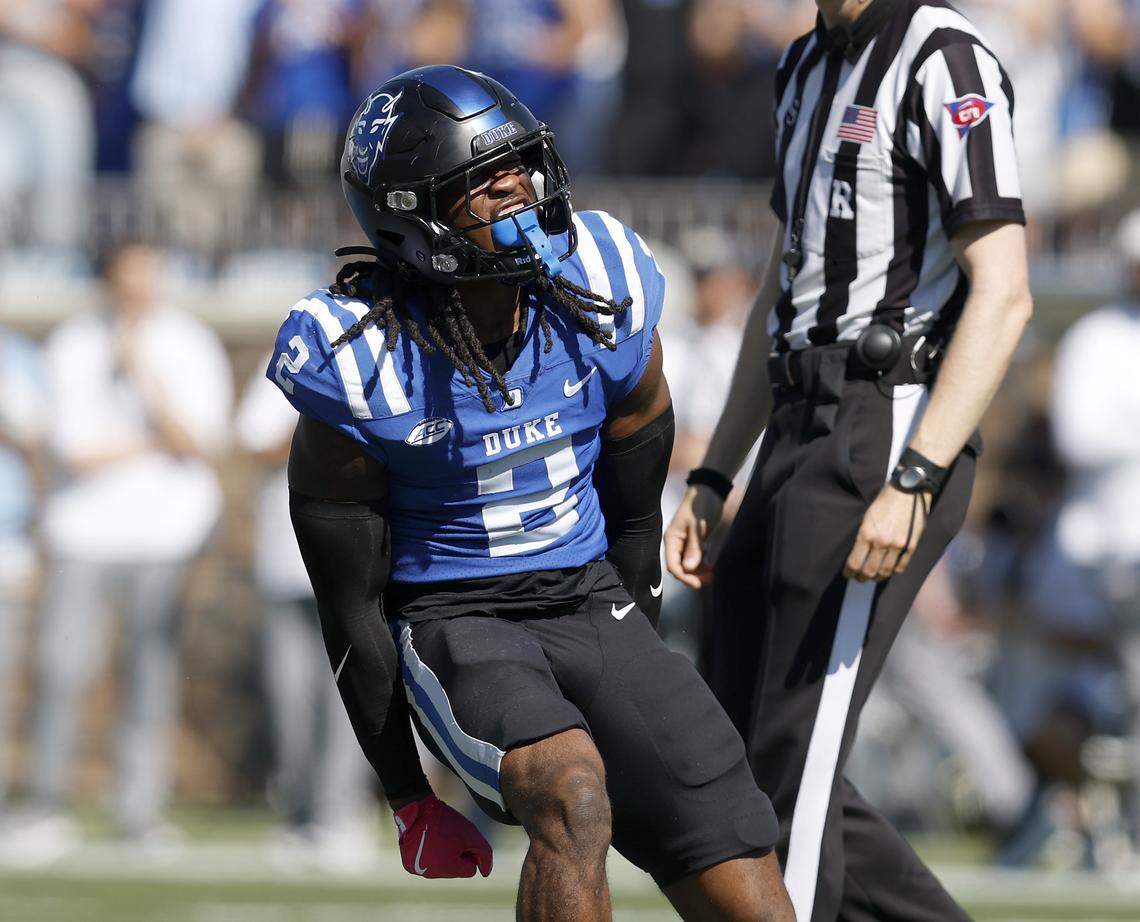 Duke’s Jaiden Francois reacts following a defensive stop during the first half of the Blue Devils’ game against Georgia Tech on Saturday, Oct. 18, 2025, at Wallace Wade Stadium in Durham, N.C.