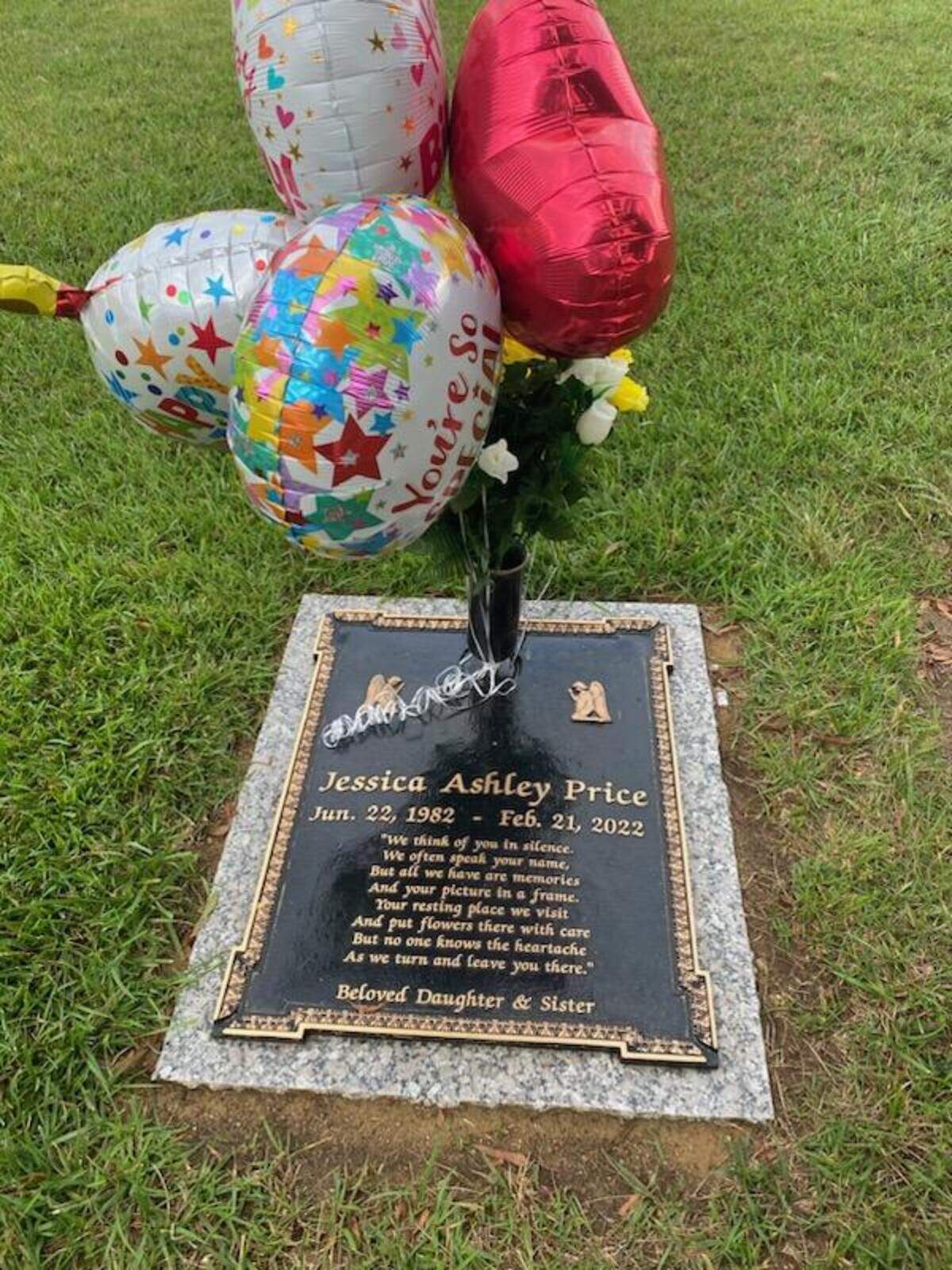 Jessica Price’s father placed a balloon-and-flower arrangement on her grave last week, on what would have been her 41st birthday.