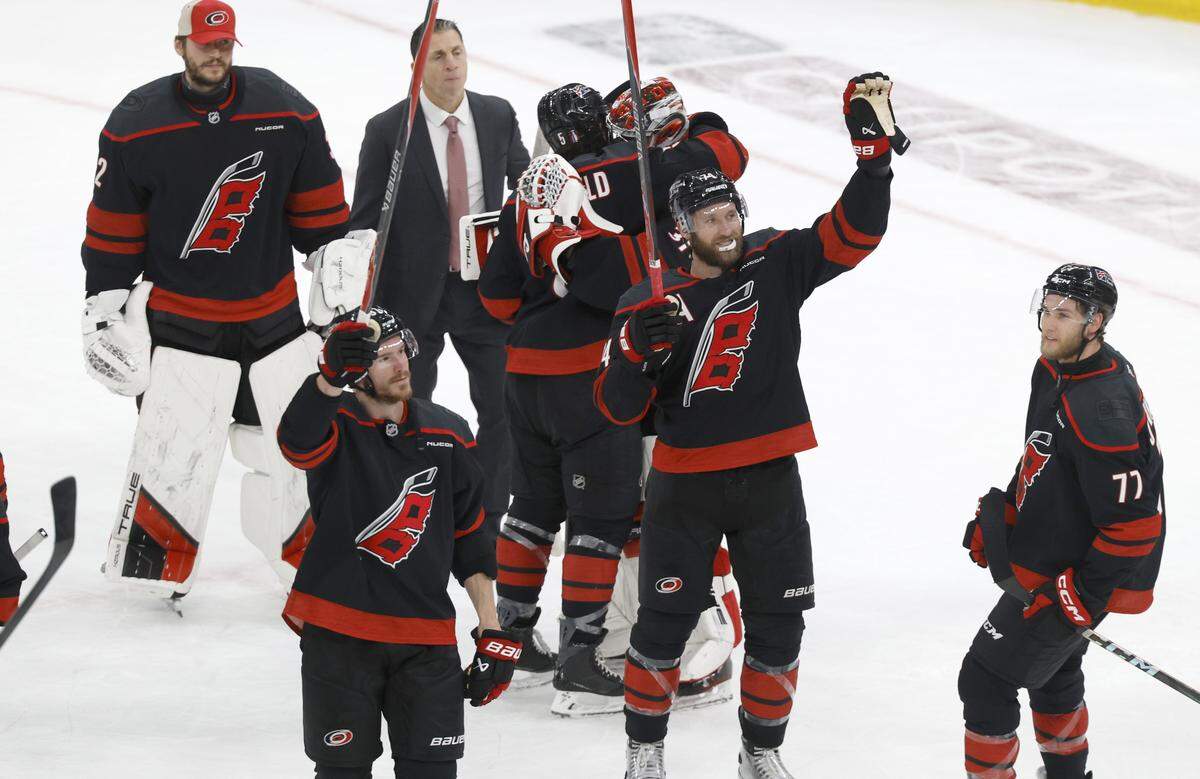 Carolina Hurricanes players acknowledge the fans after the Hurricanes’ 6-1 victory over the Canadiens in game five of the Eastern Conference Finals at the Lenovo Center Friday, May 29, 2026.