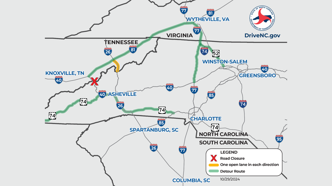 A map showing detours around the long-term closure of Interstate 40 in the Pigeon River Gorge after the remnants of Hurricane Helene slammed Western North Carolina.