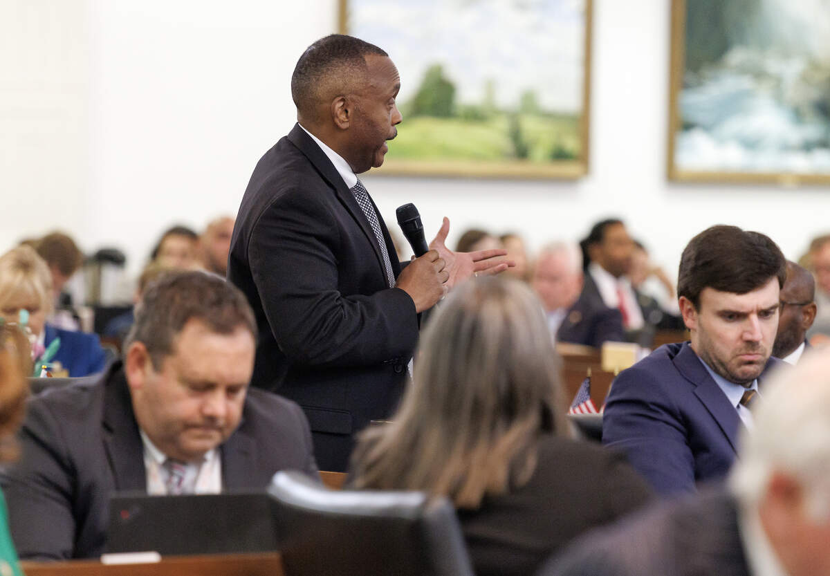 N.C. House Democratic Leader Robert Reives debates the state budget bill during the House session on Wednesday, July 1, 2026, at the Legislative Building in Raleigh, N.C.