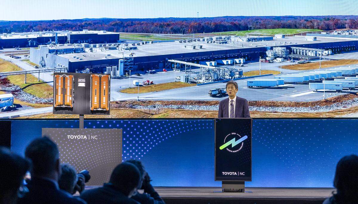 Ted Ogawa, President and CEO of Toyota Motor North American, speaks during a celebration of production at Toyota’s $13.9 billion battery plant on Wednesday, November 12, 2025 in Liberty, N.C. 