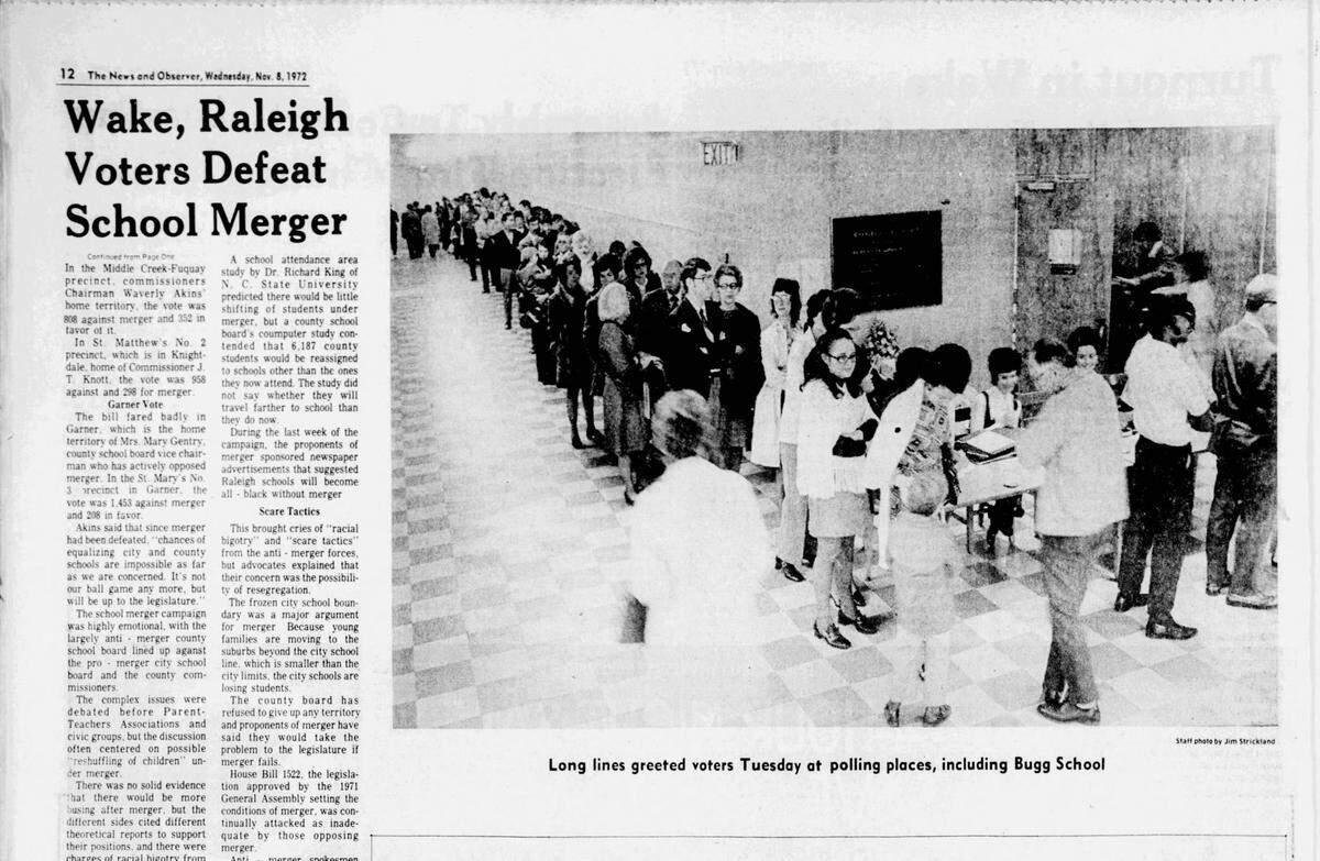 A story in the Nov. 8, 1972 News & Observer showing that voters defeated a non-binding referendum on the merger of Raleigh City and Wake County school systems.