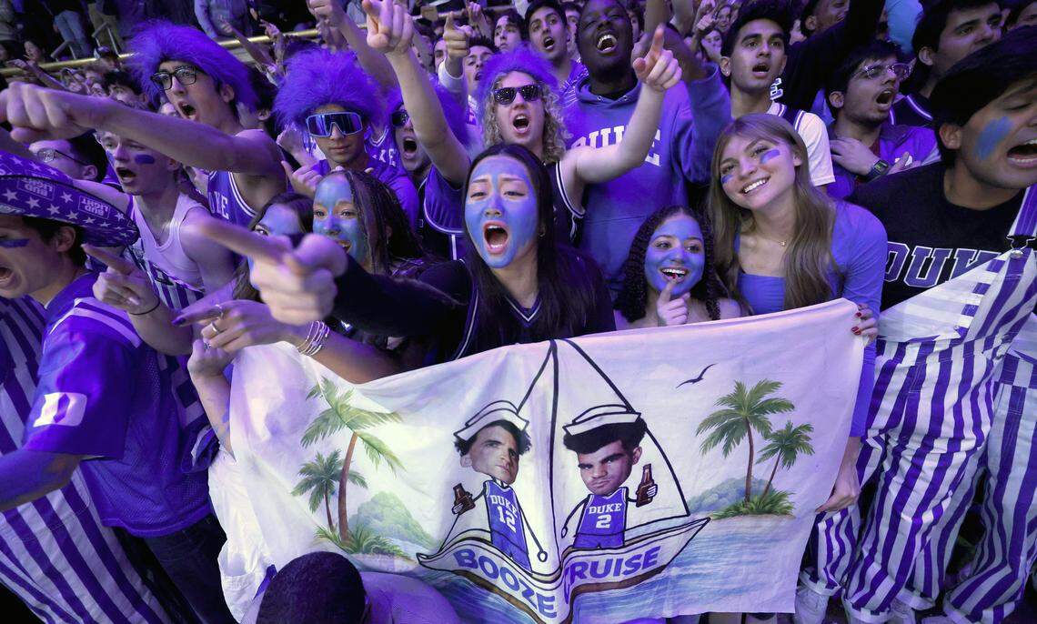 The Cameron Crazies react as Louisville players are introduced before Duke’s game against Louisville at Cameron Indoor Stadium in Durham, N.C., Monday, Jan. 26, 2026.