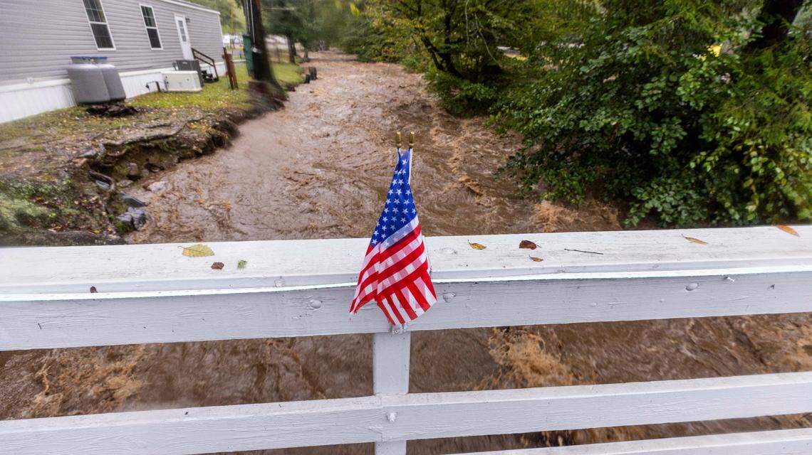 Soco Creek in Cherokee rages on Friday, Sept. 27, 2024 as the remnants of Hurricane Helene caused flooding, downed trees, and power outages in western North Carolina.