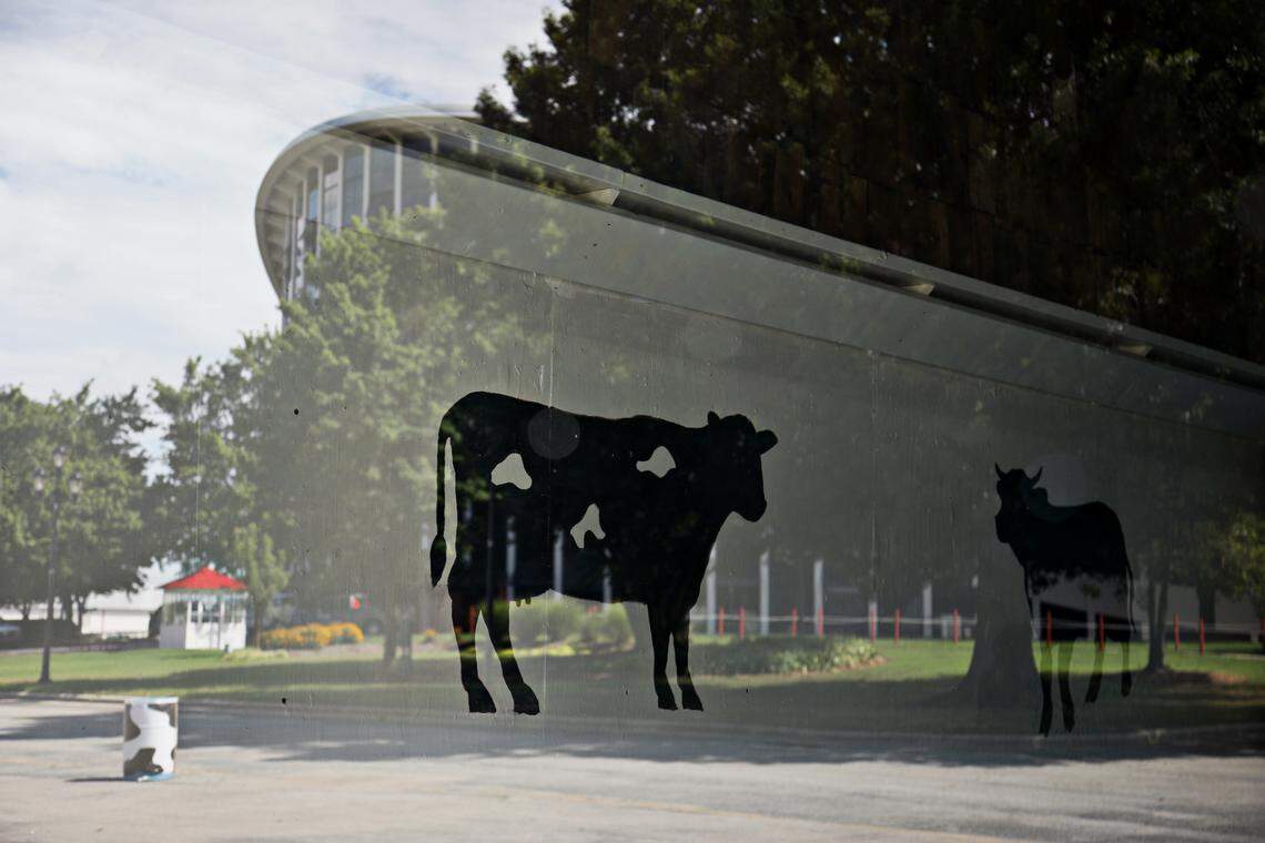 Am empty parking lot and Dorton Arena are reflected in the window of the Marketplace strip at the N.C. State Fairgrounds in Raleigh. The N.C. State Fair will not take place in 2020 due to the pandemic.