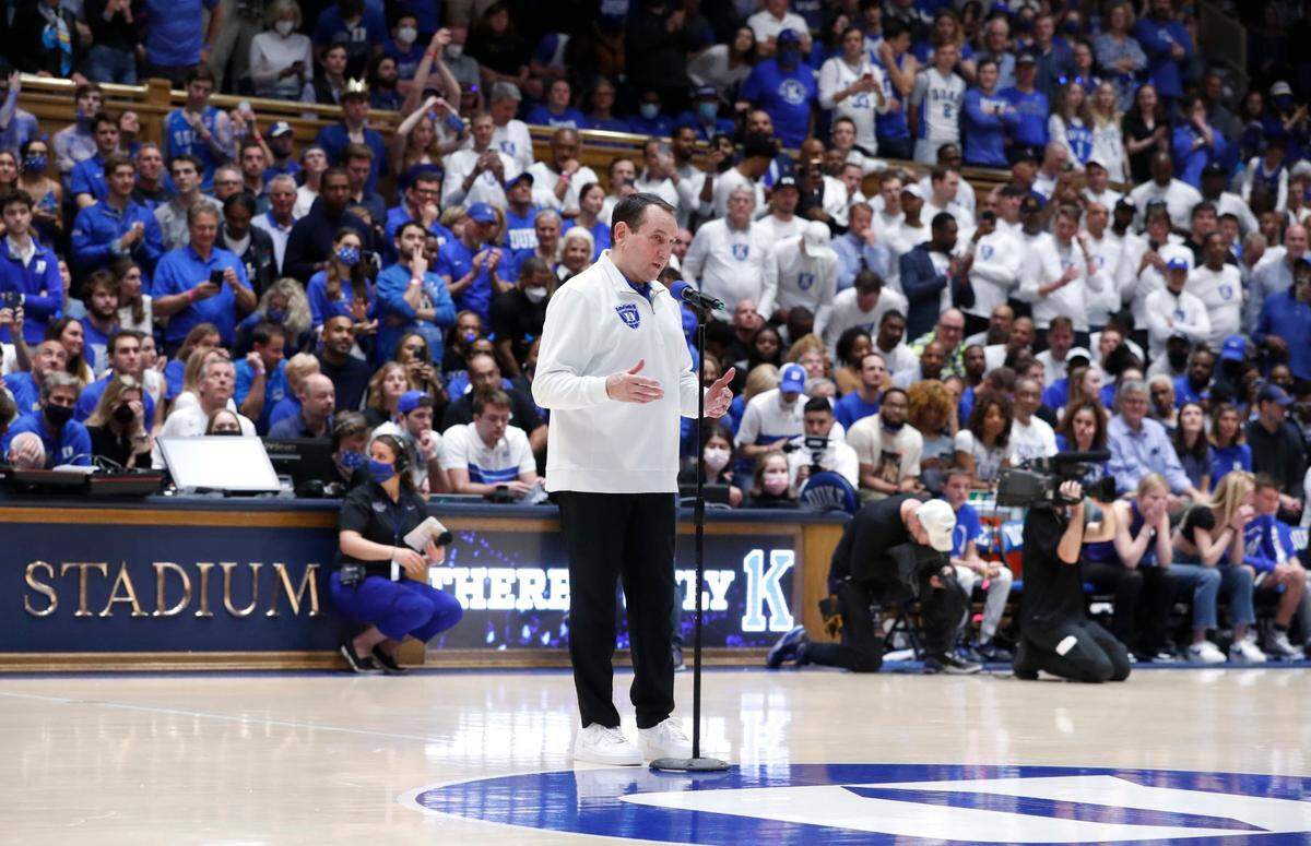 Duke head coach Mike Krzyzewski address the crowd after UNC 94-81 victory over Duke at Cameron Indoor Stadium in Durham, N.C., Saturday, March 5, 2022.