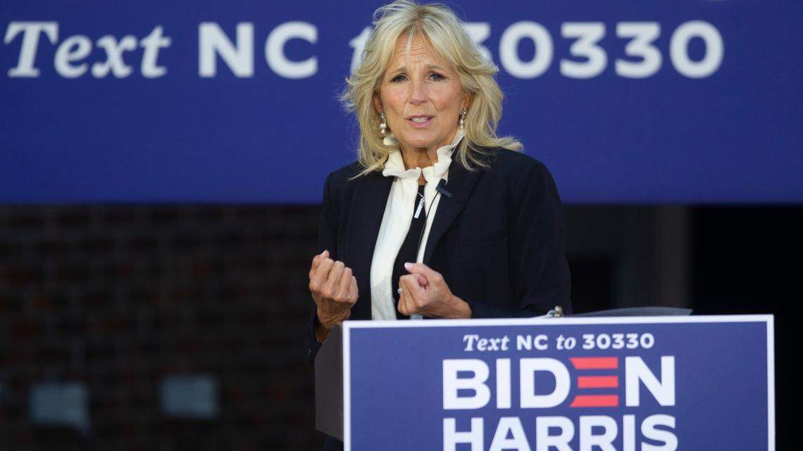 Jill Biden campaigns for her husband and former Vice President Joe Biden before a small crowd outside the Rudolph Jones Student Center at Fayetteville State University in Fayetteville, NC during a Get Out the Vote rally on Tuesday, Oct. 6, 2020.