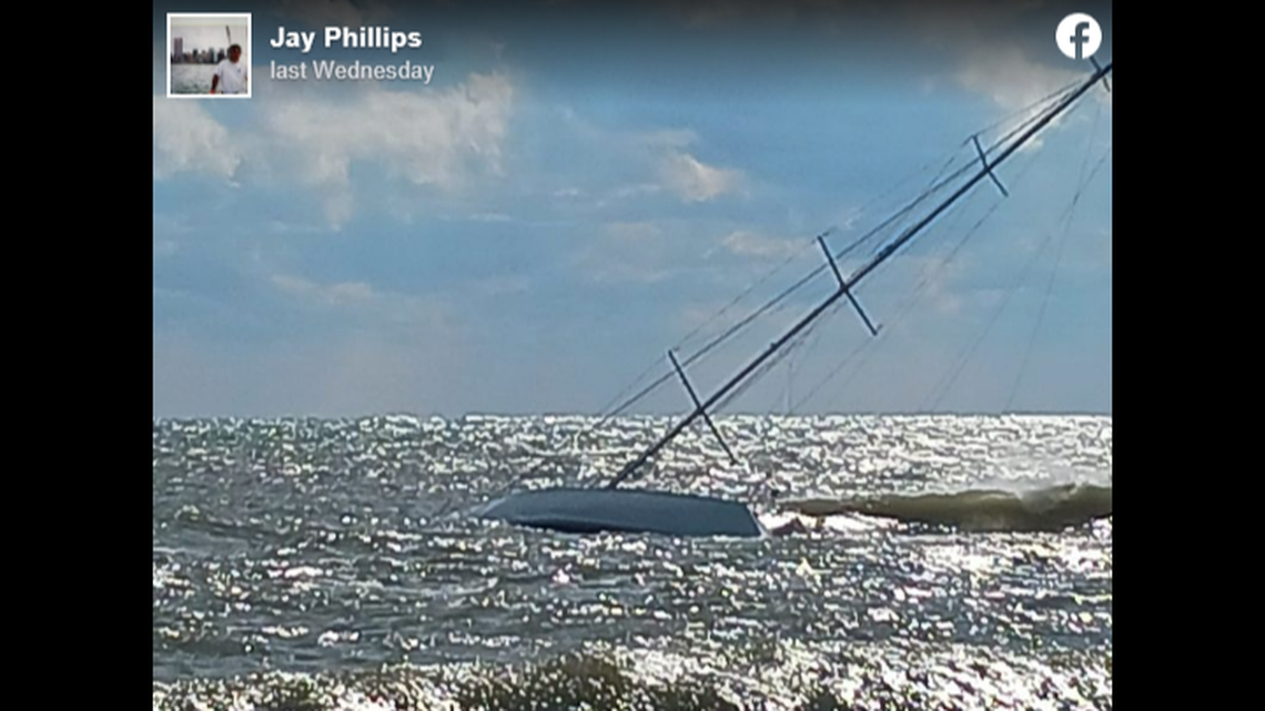 Jay Phillips of Avon, North Caolina, posted this photo of the grounded Atlantic 51 Sloop on Nov. 1, reporting the hull suffered damage.