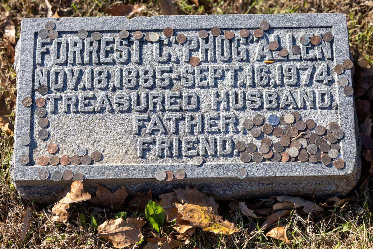 A grave of legendary Kansas coach Dr. F.C. “Phog” Allen, for which the Allen Fieldhouse is named, in the Oak Hill Cemetery, on Thursday, November 7, 2024 in Lawrence, Kansas.