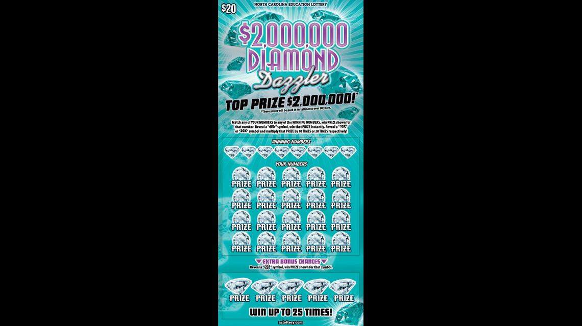 N.C. Education Lottery’s $2,000,000 Diamond Dazzler ticket. The game launched this month with four top prizes of $2 million and eight $100,000 prizes. Three $2 million prizes and eight $100,000 prizes remain to be claimed.