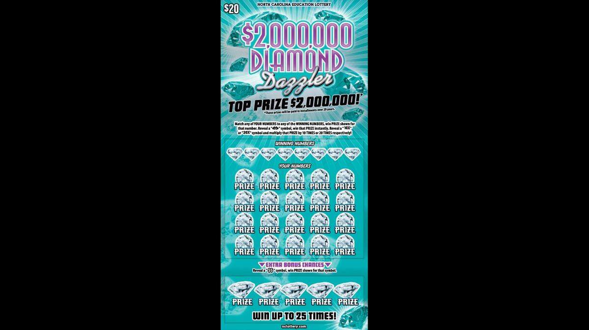 N.C. Education Lottery’s $2,000,000 Diamond Dazzler ticket. The game launched this month with four top prizes of $2 million and eight $100,000 prizes. Three $2 million prizes and eight $100,000 prizes remain to be claimed.