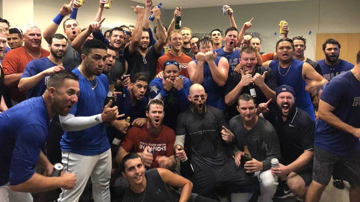 The Durham Bulls celebrate their second consecutive International League Governor’s Cup championship on Saturday night. Durham beat Scranton/Wilkes-Barre, 6-2, to win game 5 of the best-of-five series.