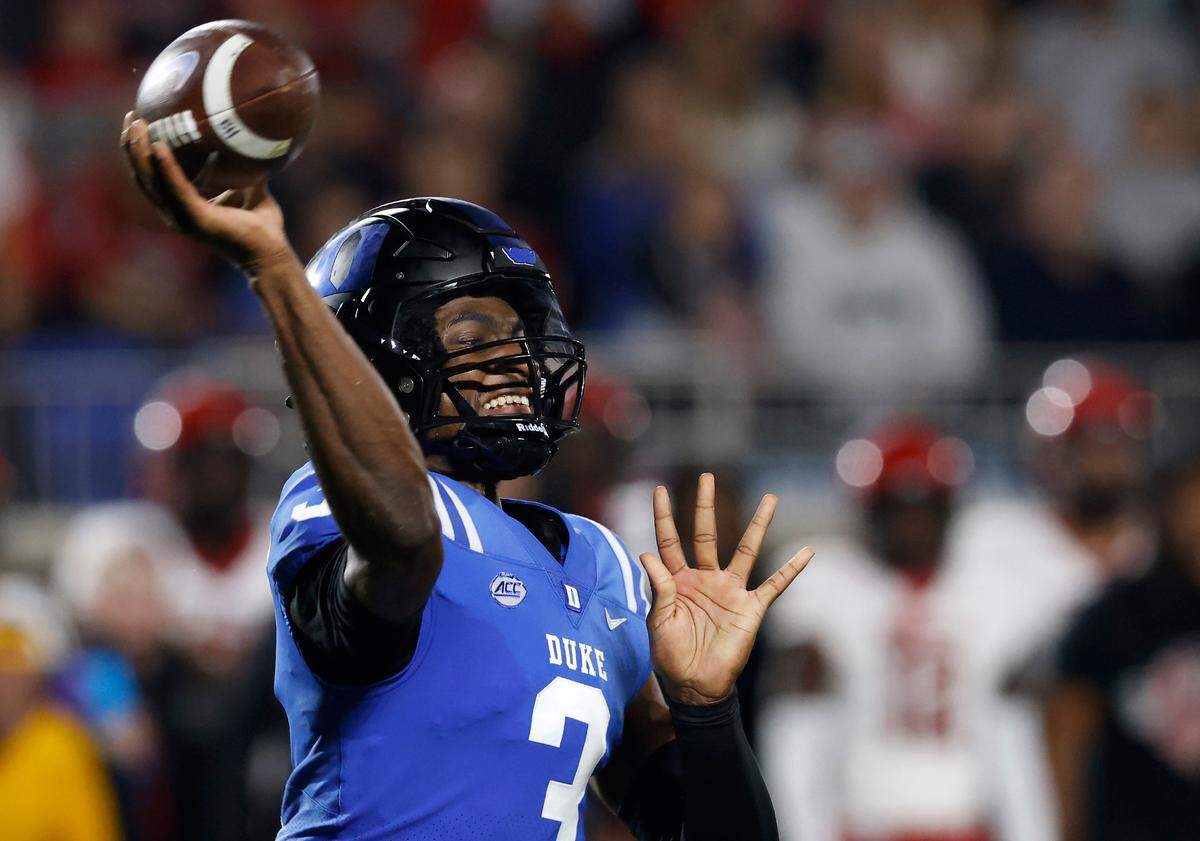 Duke’s Henry Belin IV looks to pass during the first half of the Blue Devils’ game against N.C. State on Saturday, Oct. 14, 2023, at Wallace Wade Stadium in Durham, N.C.