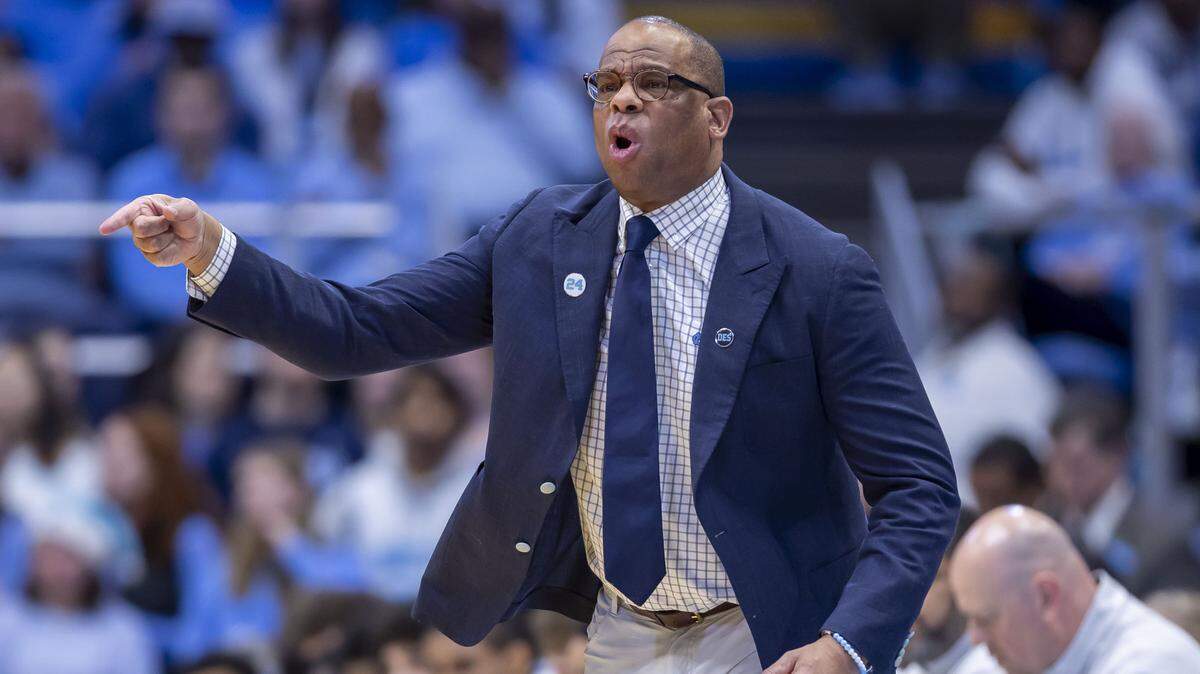 North Carolina coach Hubert Davis directs his team in the first half against East Tennessee State on Tuesday, December 16, 2025 at the Smith Center in Chapel Hill, N.C.
