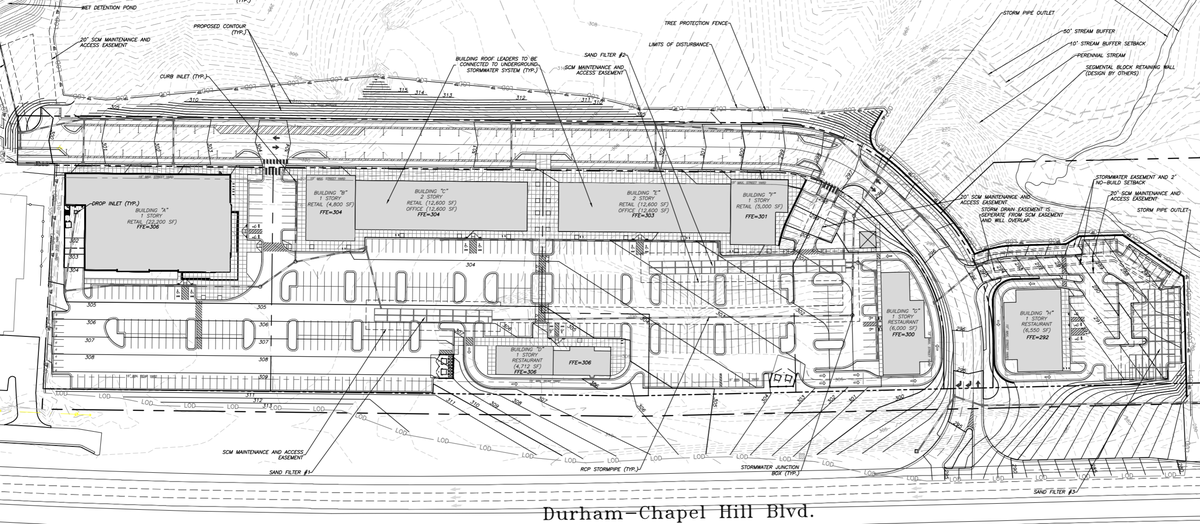 The layout of the proposed shopping center Beacon Property Group wants to build off of U.S. 15-501 in Durham.