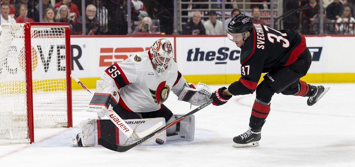 Carolina right wing Andrei Svechnikov (37) tries to score on Ottawa goalie Liunus Ullmark (35) in the first period of Game 2 on Monday, April 20, 2026 during the first round of the Stanley Cup Playoffs at Lenovo Center in Raleigh, N.C.