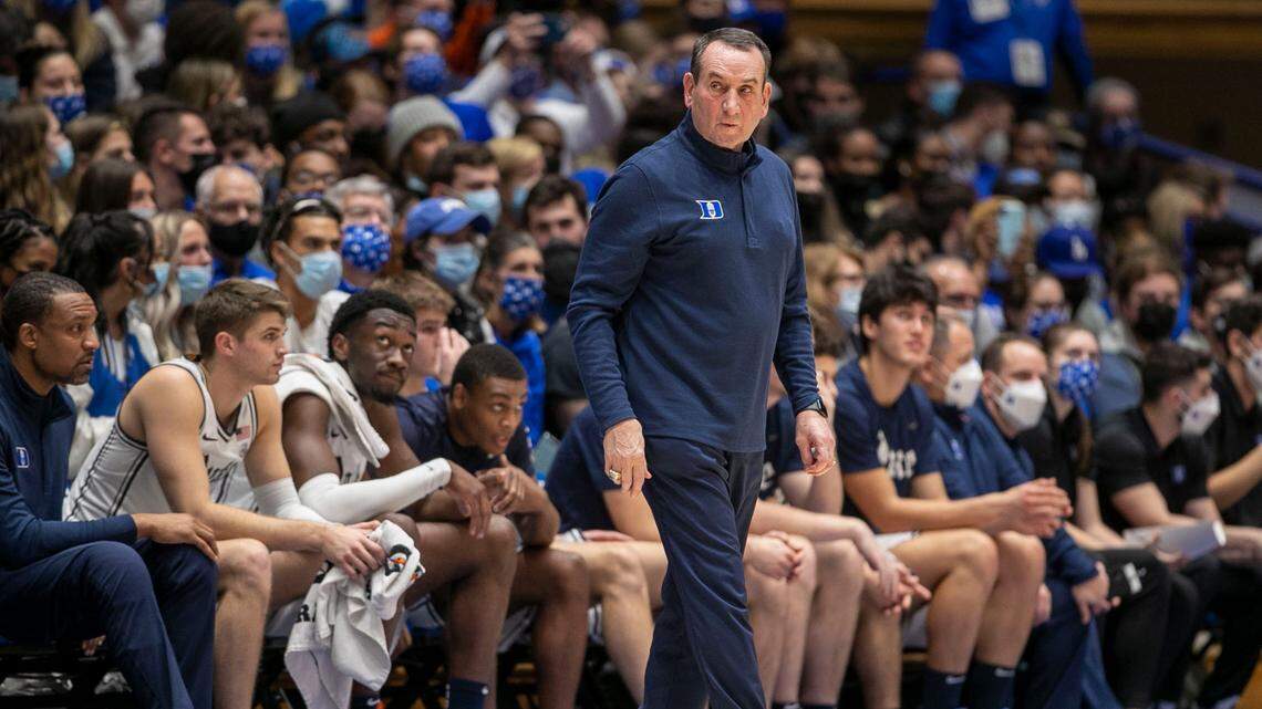 Duke coach Mike Krzyzewski watches his team on offense during the first half against Virginia Tech on Wednesday, December 22, 2021 at Cameron Indoor Stadium in Durham, N.C.