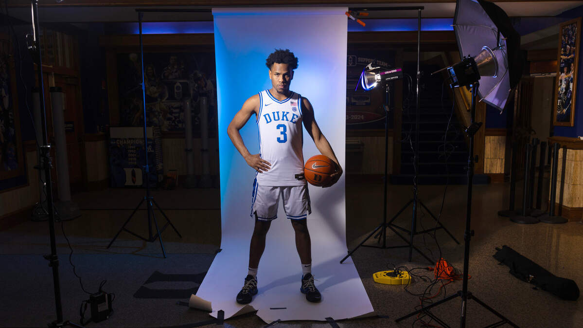 Duke’s Jeremy Roach poses at Cameron Indoor Stadium in Durham, N.C., Wednesday, March 6, 2024.