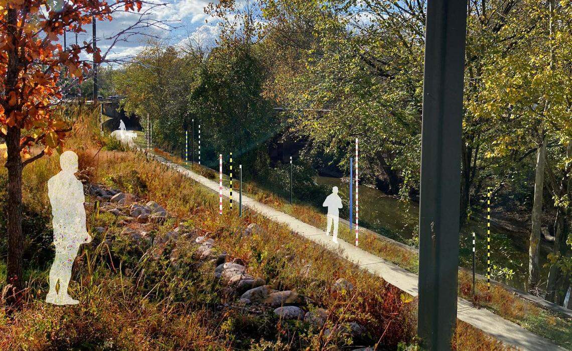Veritcal totems mark floodwater heights along the Raleigh Greenway in this concept art from design group A Gang of Three.