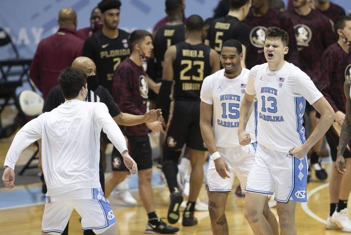 North Carolina’s Walker Kessler (13) reacts after scoring four points and giving North Carolina a seven point lead over Florida State in the second half Saturday, February 27, 2021 in Chapel Hill, N.C.