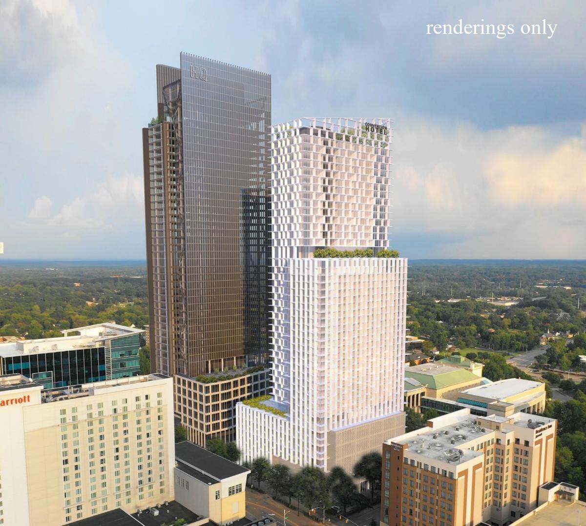 Conceptual rendering of what a convention center hotel tower and mixed-use tower could look like on Fayetteville Street across from the Duke Energy For the Performing arts.
