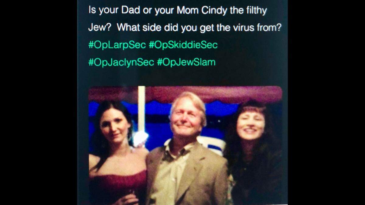 A screenshot posted by Jaclyn Brzezinski of a tweet sent by someone targeting her online.