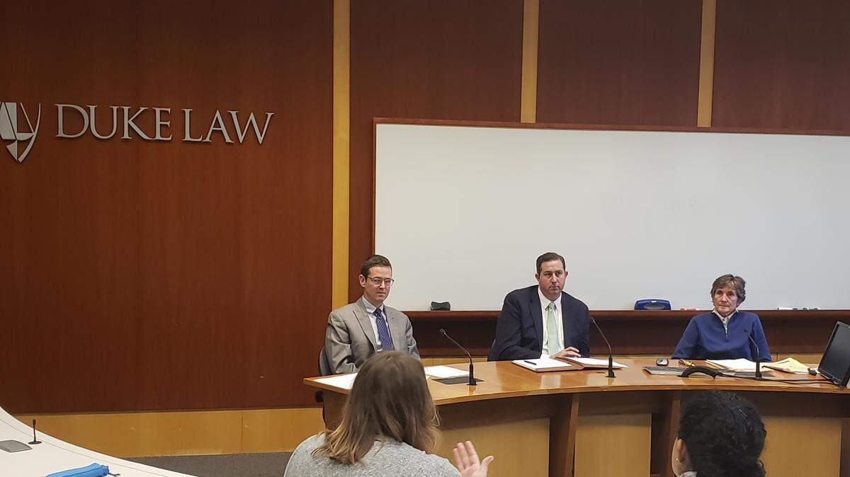 From left to right, David Andrews with the N. C. Office of the Appellate Defender, Ben Finholt with the N.C. Prisoner Legal Services, Inc., and Democratic N.C. Rep. Pricey Harrison of Greensboro sat on a Monday panel that discussed a Duke University law school report on juveniles facing life without parole in the state.