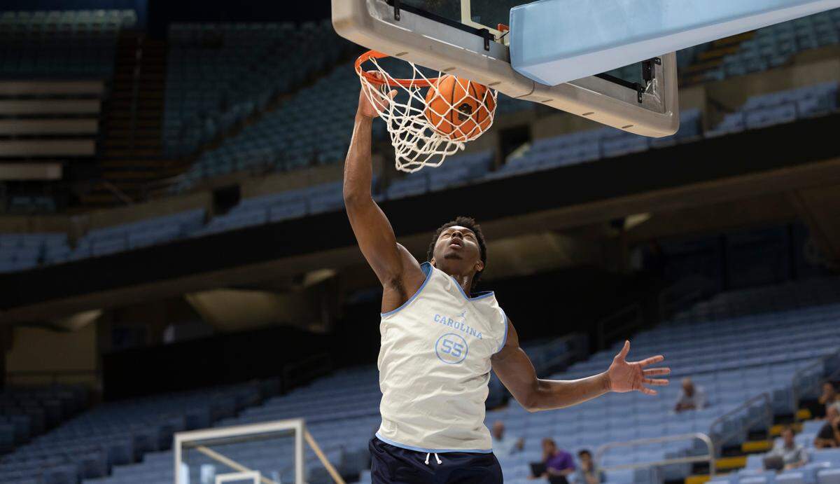 North Carolina’s Harrison Ingram (55) goes to the basket for a dunk during the Tar Heels’ practice on Friday, October 6, 2023 at the Dean Smith Center in Chapel Hill, N.C.