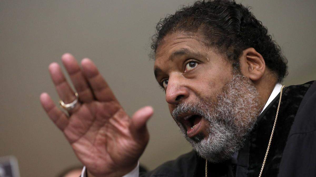 Rev. William Barber speaks to protesters inside the Legislative Building on Wednesday, May 24, 2023, in Raleigh, N.C. 