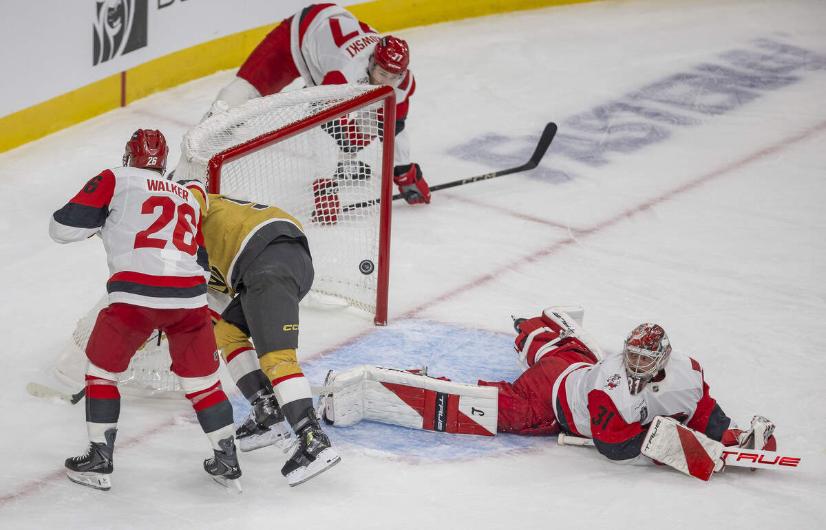 Vegas right wing Mitch Marner (93) scores on Carolina Hurricanes goalie Frederik Andersen (31) to take a 3-0 in the second period in Game 3 of the Stanley Cup Final, on Saturday, June 6, 2026 at T-Mobile Arena in Las Vegas, NV.