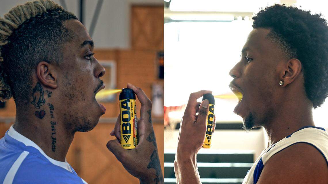 North Carolina forward Armando Bacot (left) and Duke guard Jeremy Roach use BOA Ignite during a recent commercial shoot for the company. The athletes, from rival schools, are part of BOA’s first formal advertising campaign. (BOA Nutrition photo)