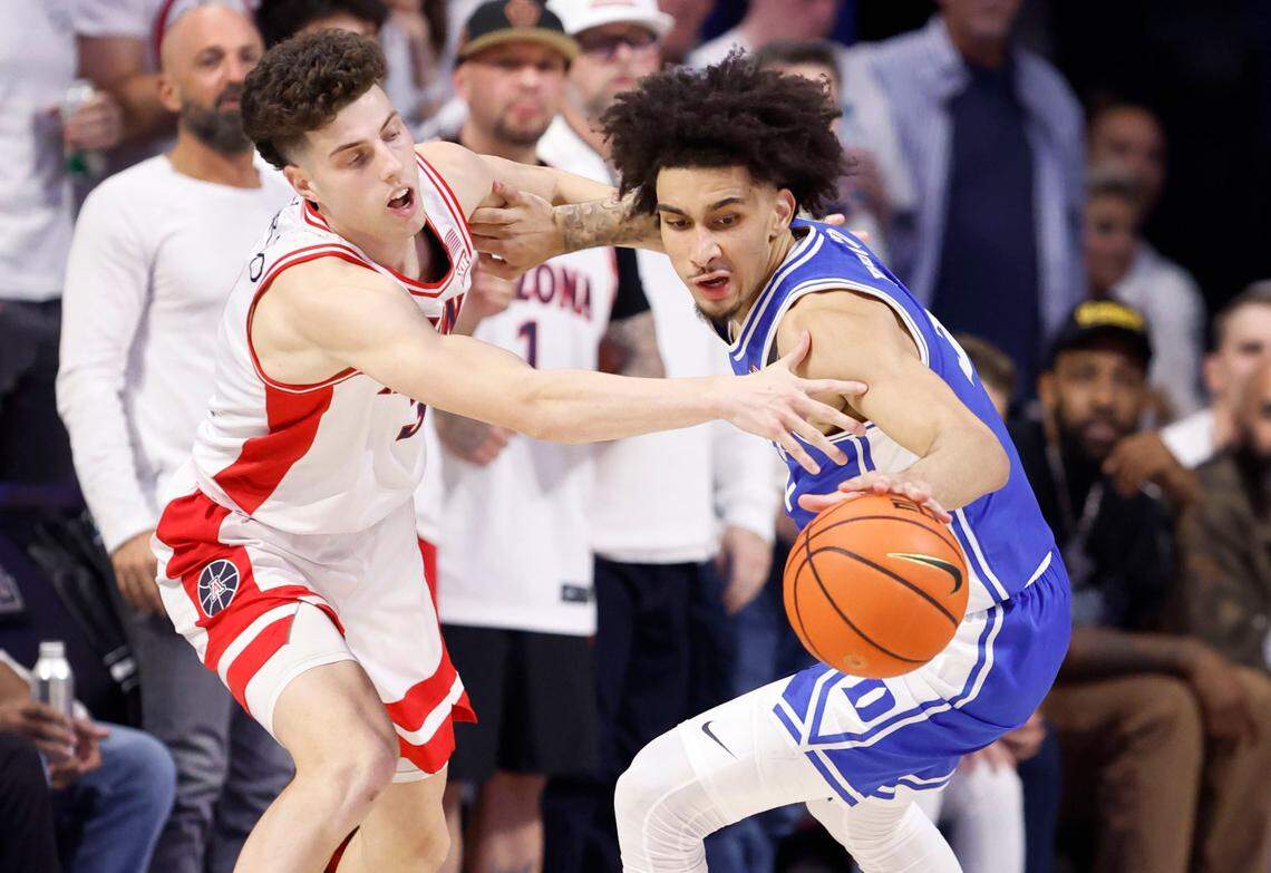 Duke’s Tyrese Proctor (5) steals the ball from Arizona’s Anthony Dell’Orso (3) during the first half of Duke’s game against Arizona at the McKale Memorial Center in Tucson, Ariz., Friday, Nov. 22, 2024.