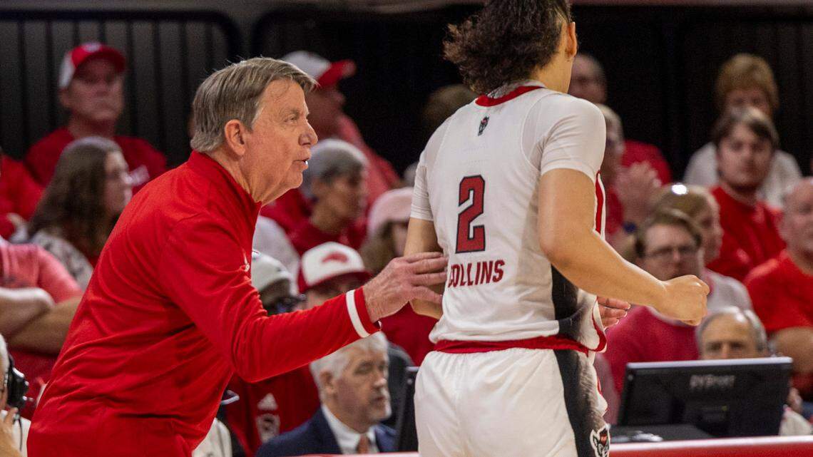 NC State’s coach Wes Moore sends in Mimi Collins (2) against Chattanooga during the second half of the first round of the NCAA Division I Women’s Basketball Championship at Reynolds Coliseum in Raleigh, NC on Saturday, March 23, 2024. N.C. State won 64-45.