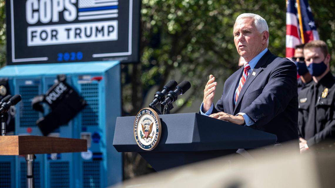 Vice President Mike Pence speaks before a crowd of law enforcement officers in Raleigh where he received the endorsement the Southern States Police Benevolent Association in Raleigh Thursday, Sept. 3, 2020.