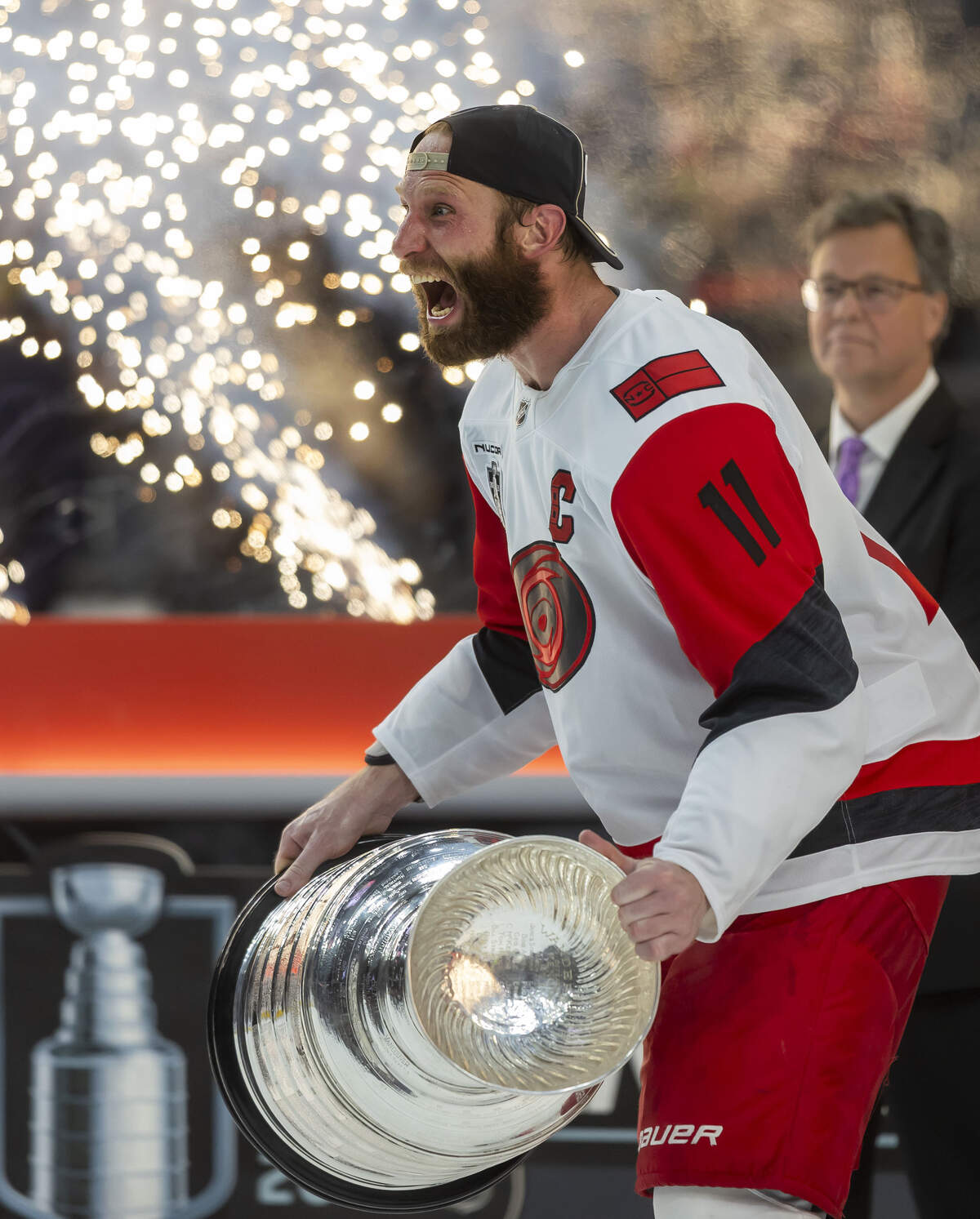 Carolina Hurricanes captain Jordan Staal (11) accepts the Stanley Cup, after defeating the Vegas Golden Knights 3-0 in Game 6, on Sunday, June 14, 2026 at T-Mobile Arena in Las Vegas, NV.