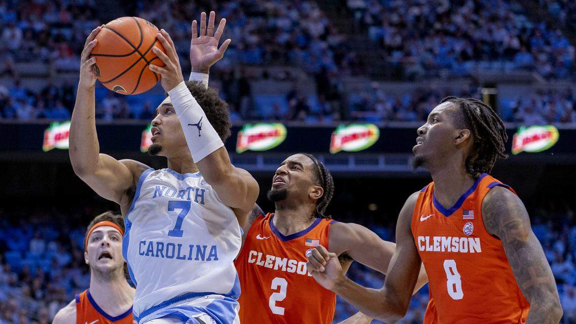 North Carolina guard Seth Trimble (7) drives to the basket in the first half against Clemson on Tuesday, March 3, 2026 at the Smith Center in Chapel Hill, N.C.