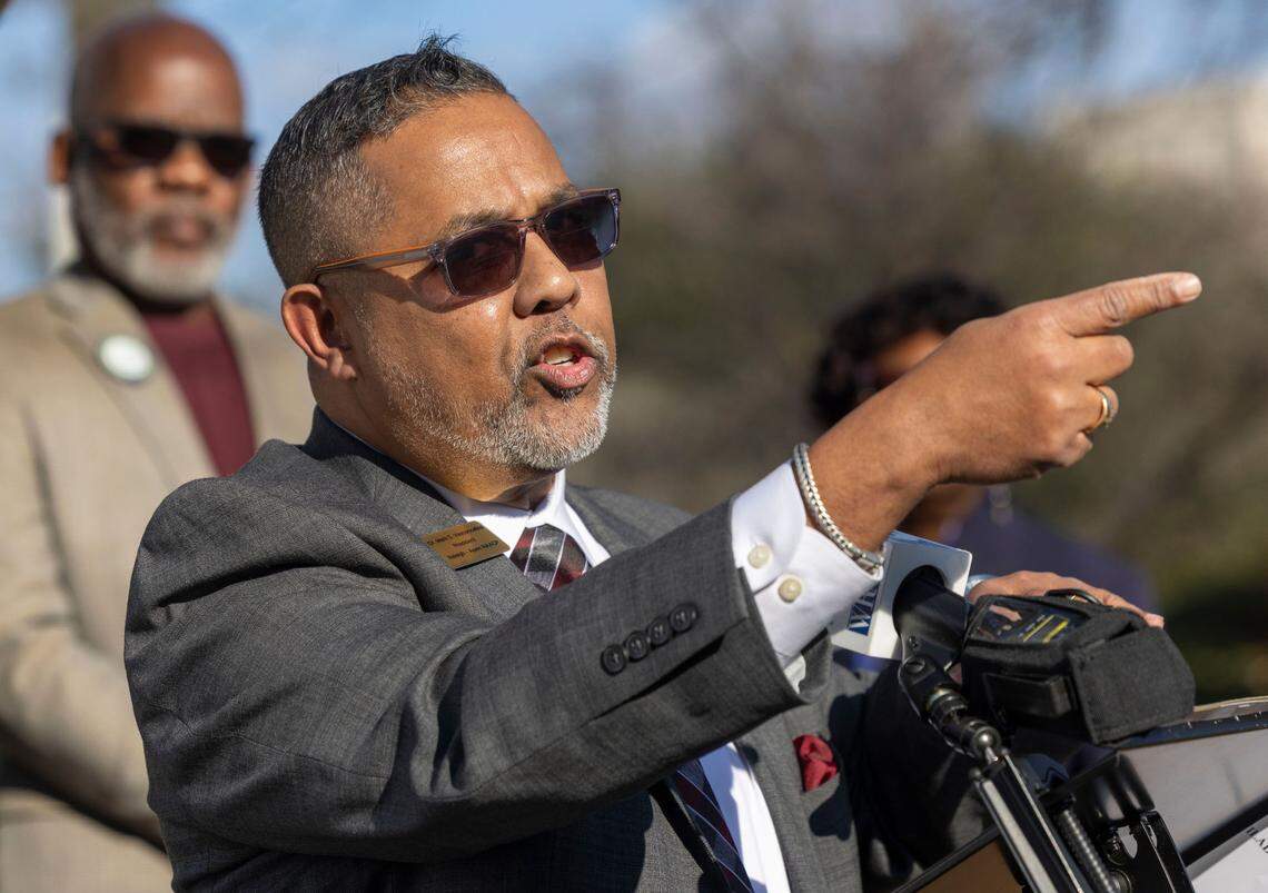 Dr. Mark S. Vasconcellos, President Raleigh-Apex NAACP, addresses the conviction of Henderson Atwater during a press briefing outside the North Carolina General Assembly on Tuesday, December 31, 2024 in Raleigh, N.C. Vasconcellos called for an investigation into the prosecution of Atwater, a Holly Springs man who maintains his innocence, but was a convicted in a series of pellet gun shootings in 2020- 2021.