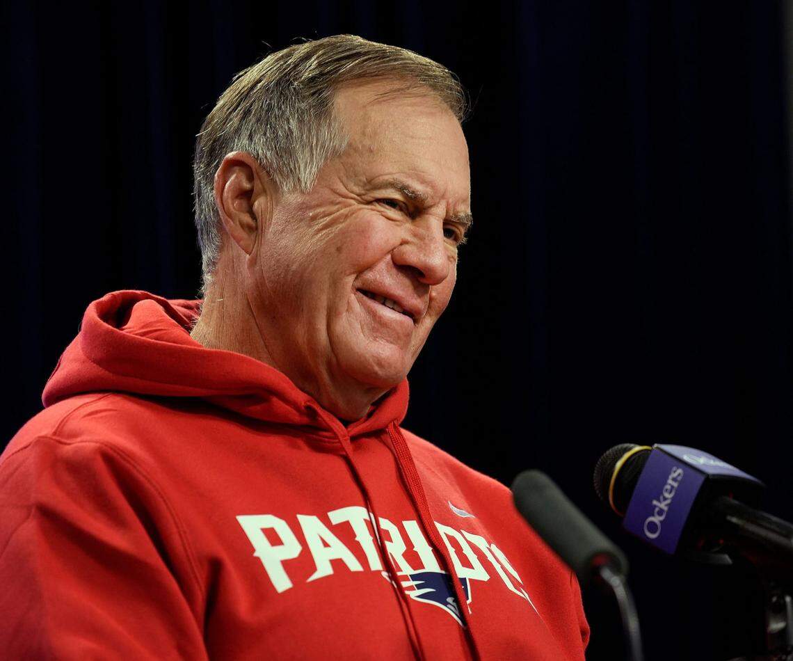 Patriot head coach Bill Belichick smiles during questions at a press conference before a New England Patriots practice at Gillette Stadium in preparation for their home opener vs the Baltimore Ravens in 2022.