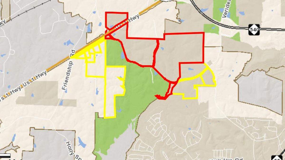 The Wake County school board is buying much of the area shown in green for a new elementary school and middle school near Woods Creek and Friendship roads in the Apex/Holly Springs area.