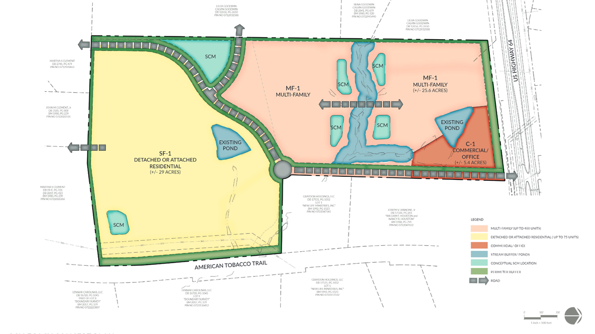 A new 66-acre complex on U.S. 64 in Apex will include hundreds of apartments, single-family houses and onsite retail options.