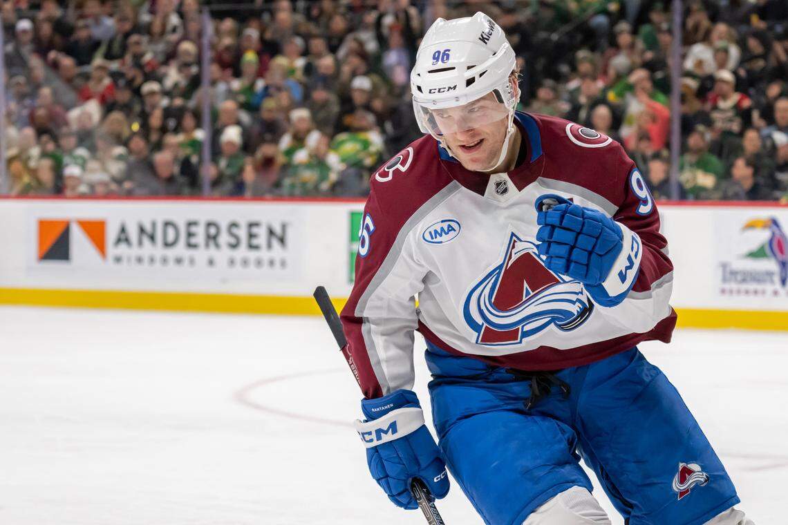 Jan 9, 2025; Saint Paul, Minnesota, USA; Colorado Avalanche forward Mikko Rantanen (96) celebrates his goal against the Minnesota Wild during the second period at Xcel Energy Center. Mandatory Credit: Nick Wosika-Imagn Images