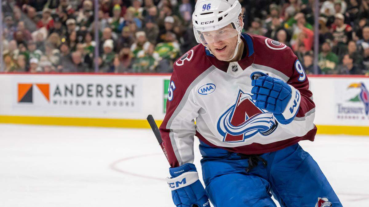 Colorado Avalanche forward Mikko Rantanen (96) celebrates his goal against the Minnesota Wild during the second period at Xcel Energy Center.