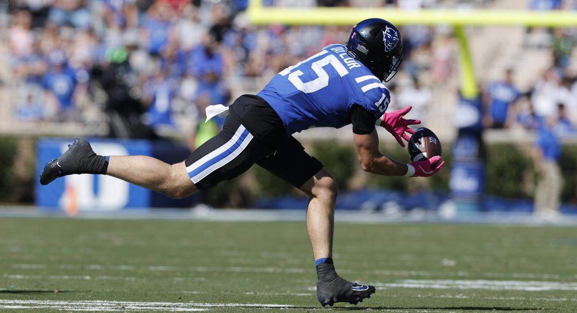 Duke tight end Jake Taylor (15) pulls in a tipped ball during the first half of Duke’s game against Georgia Tech at Wallace Wade Stadium in Durham, N.C., Saturday, Oct. 18, 2025.