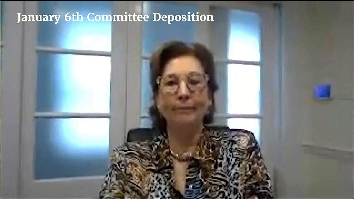 This exhibit from video released by the House Select Committee shows Sidney Powell during a deposition displayed at a hearing by the House select committee investigating the Jan. 6 attack on the U.S. Capitol, Tuesday, July 12, 2022, on Capitol Hill in Washington.