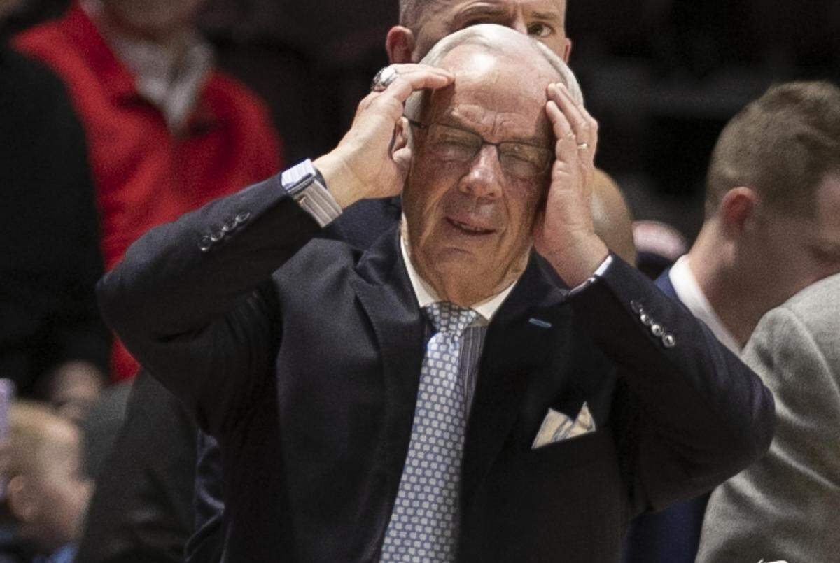 North Carolina coach Roy Williams reacts after a turnover by his team during the first half against Virginia Tech on Wednesday, January 22, 2020 at Cassell Coliseum in Blacksburg, Va.
