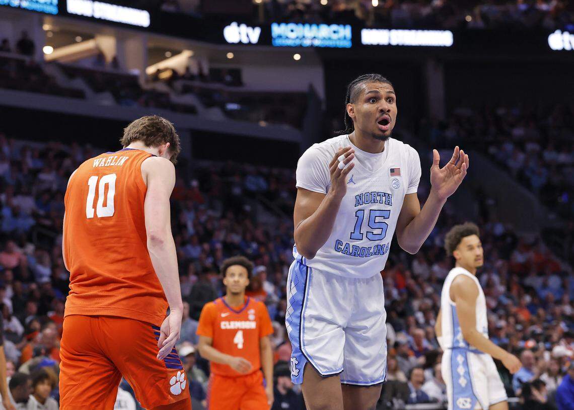 North Carolina's Jarin Stevenson reacts to a call by an official during the first half of the Tar Heels’ ACC Tournament quarterfinal game against Clemson on Thursday, March 12, 2026, at the Spectrum Center in Charlotte, N.C. 
