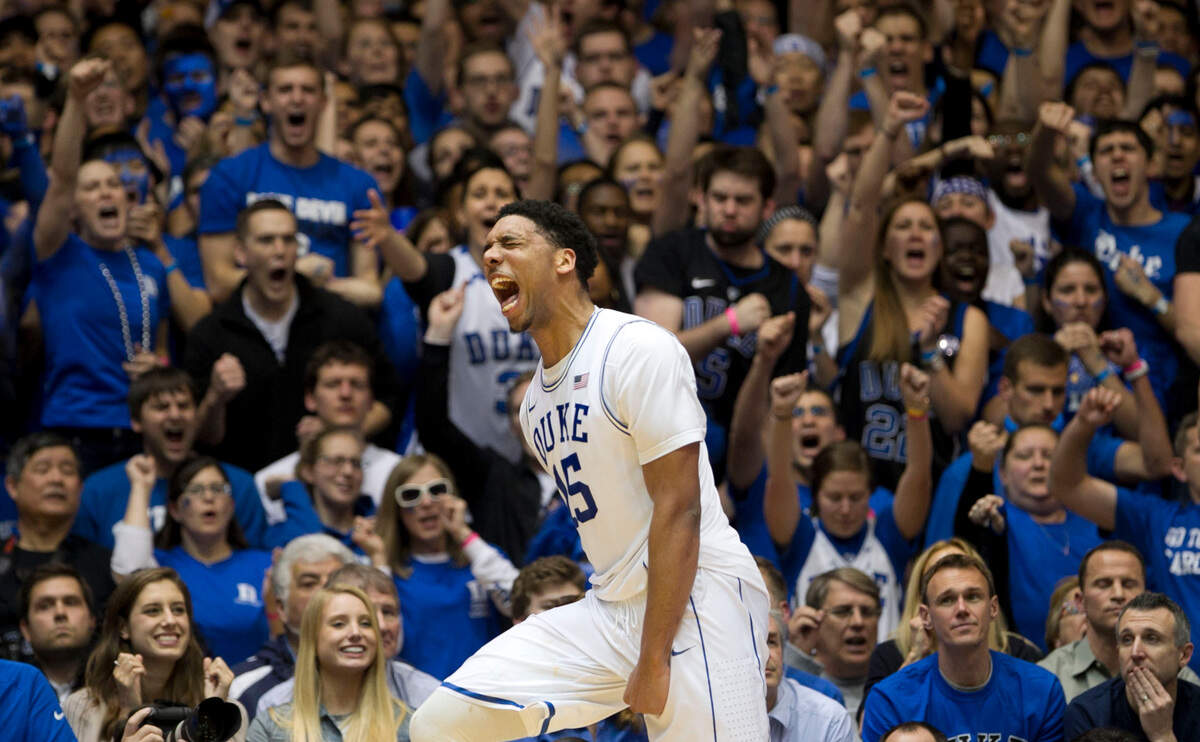 Duke’s Jahlil Okafor (15) reacts after giving Duke a 62-61 lead in the second half against North Carolina on Wednesday, February 18, 2015 at Cameron Indoor Stadium in Durham, N.C.