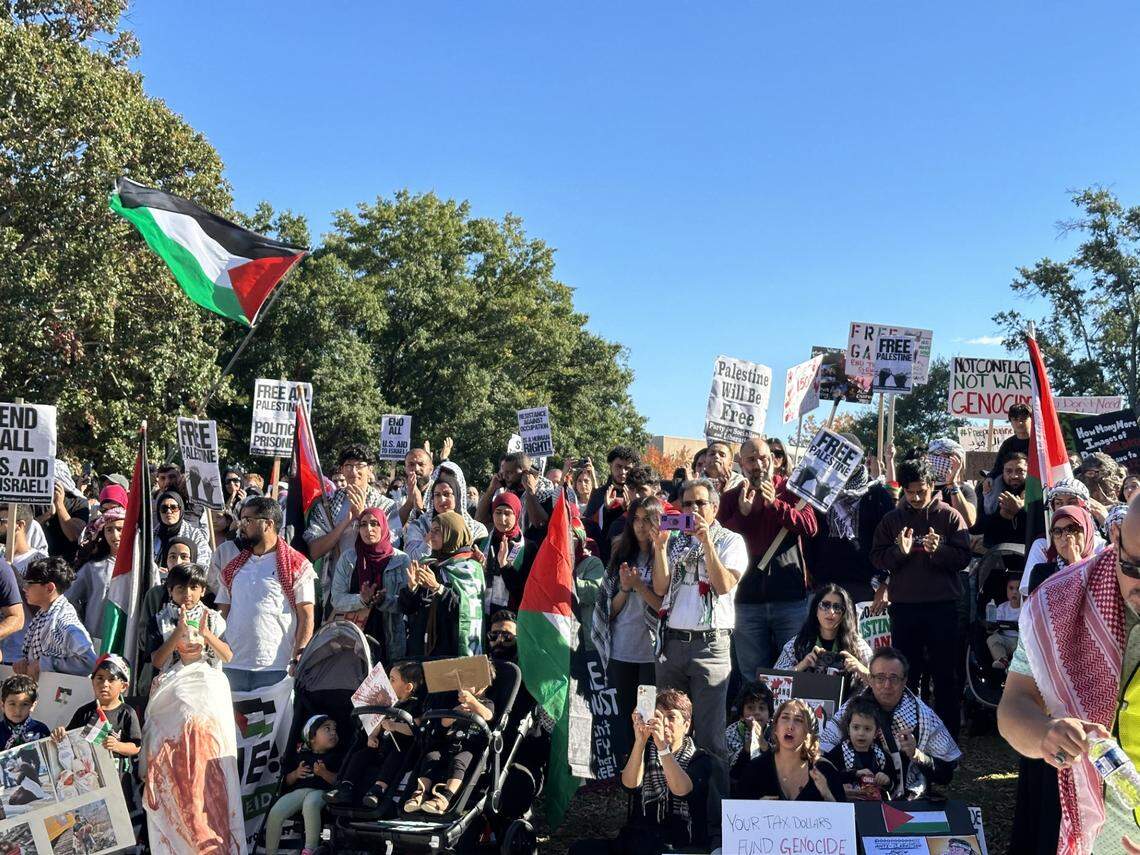 Large crowds returned to Moore Square in downtown Raleigh on Sunday, Oct. 22, 2023 for another rally and march in support of Palestine.
