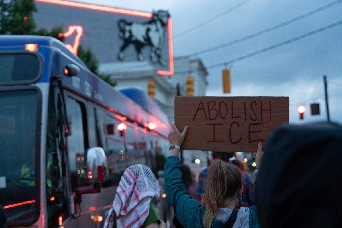 Protesters march through Durham, N.C. streets on Friday, June 13, 2025 in solidarity with anti-immigration rallies in Los Angeles, C.A. Next weekend will see further rallies and marches opposing President Trump’s immigration policy.